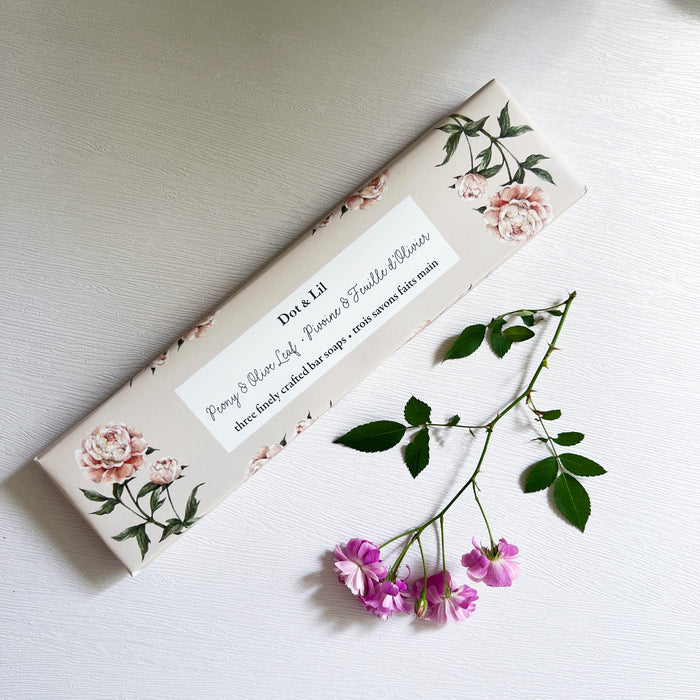 Dot and Lil Peony and Olive Leaf soap trio gift set wrapped bar soaps
