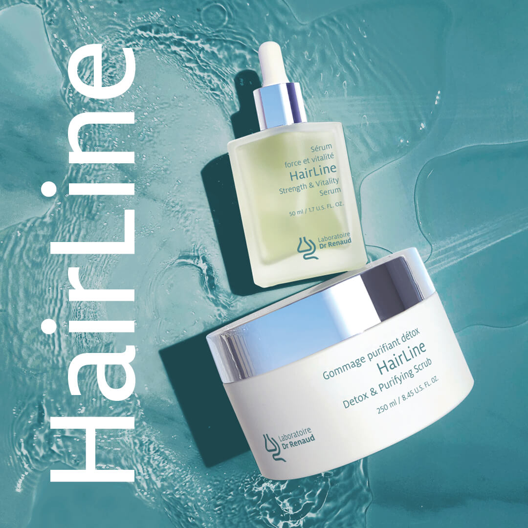 Laboratoire Dr Renaud HairLine detox scalp scrub and strength serum displayed together on aqua background