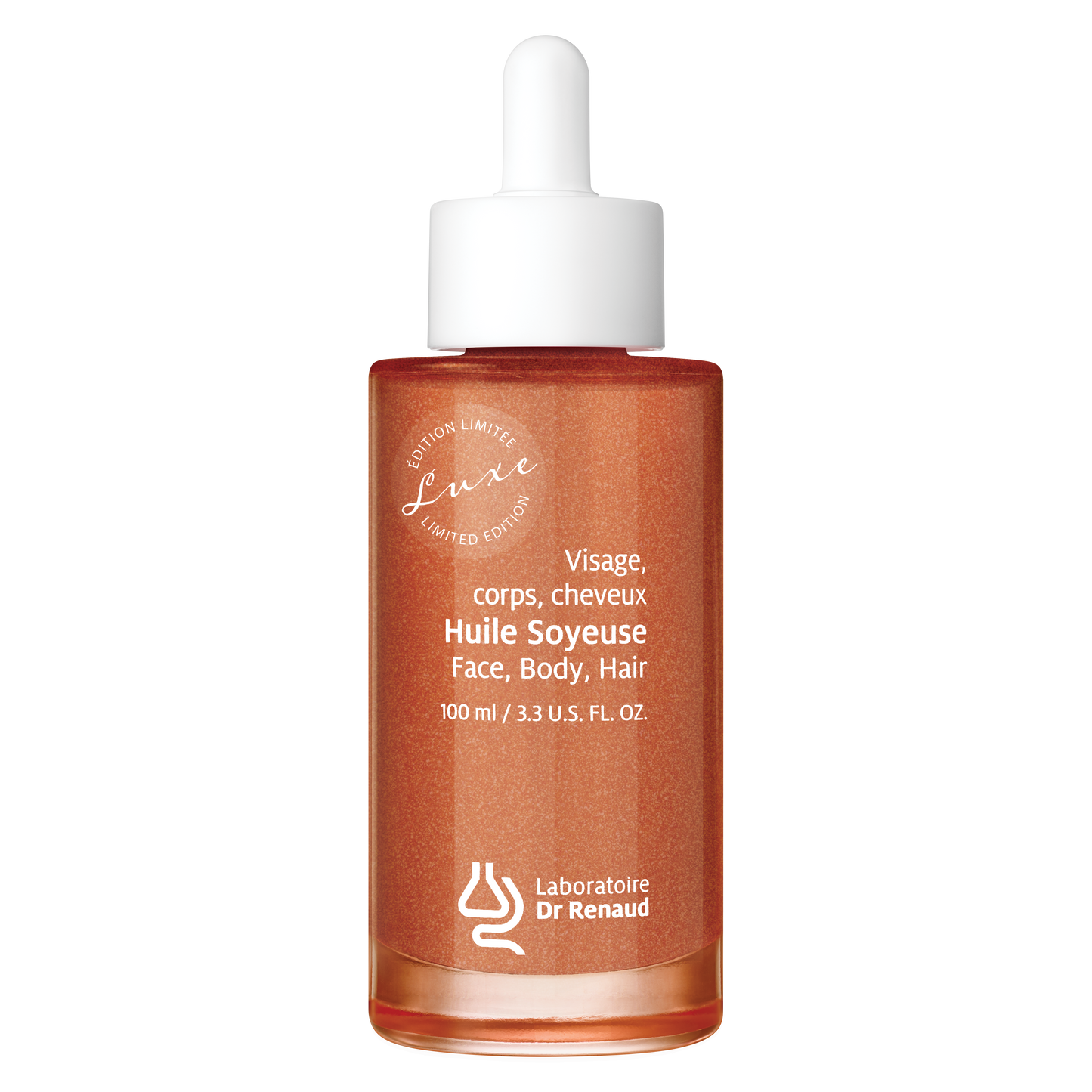 Laboratoire Dr Renaud Huile Soyeuse Luxe shimmering dry oil limited edition bottle on neutral background