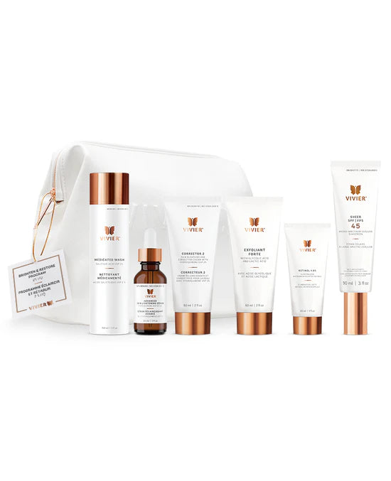 Vivier Brighten and Restore Program 2% HQ showing full-size skincare products arranged with branded pouch on a white background