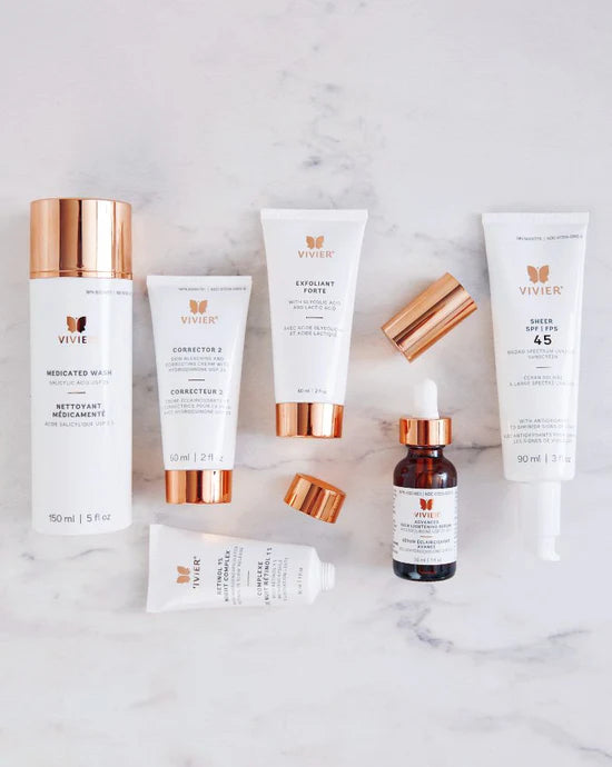 Vivier Brighten and Restore Program 2% HQ products displayed together, including cleanser, serums, exfoliant, retinol, and sunscreen