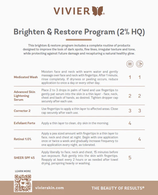 Vivier Brighten and Restore Program 2% HQ instruction card showing step-by-step tone-correcting skincare routine