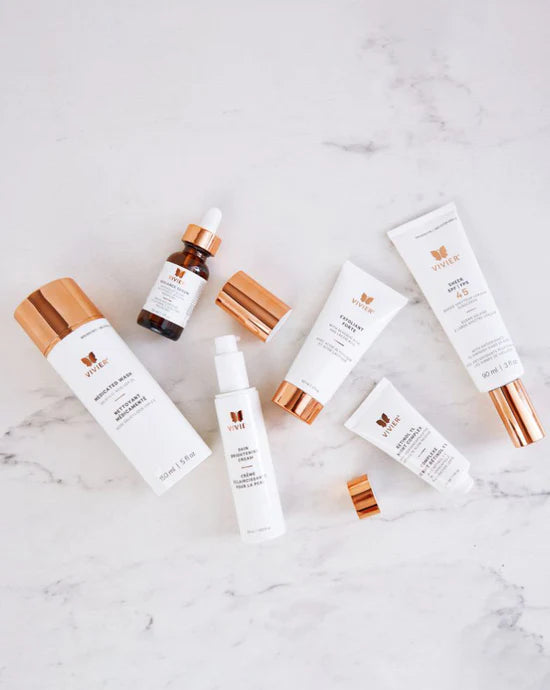 Vivier Brighten and Restore Program Non-HQ products displayed together, including cleanser, serums, exfoliant, retinol, and sunscreen