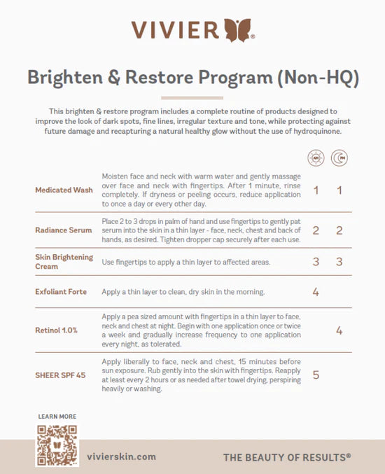 Vivier Brighten and Restore Program Non-HQ instruction card showing step-by-step tone-correcting skincare routine