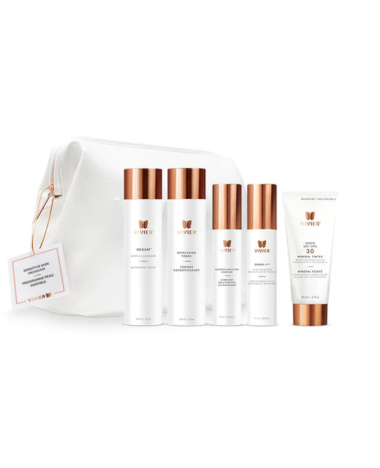 Vivier Sensitive Skin Program showing full-size skincare products arranged with branded pouch on a white background