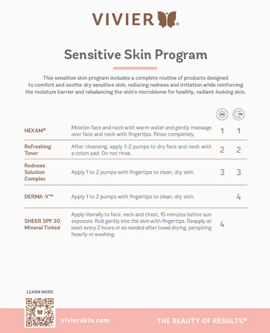 Vivier Sensitive Skin Program instruction card showing step-by-step skincare routine for sensitive skin