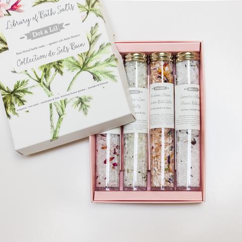 Dot and Lil bath salts gift set with four botanical bath salt vials