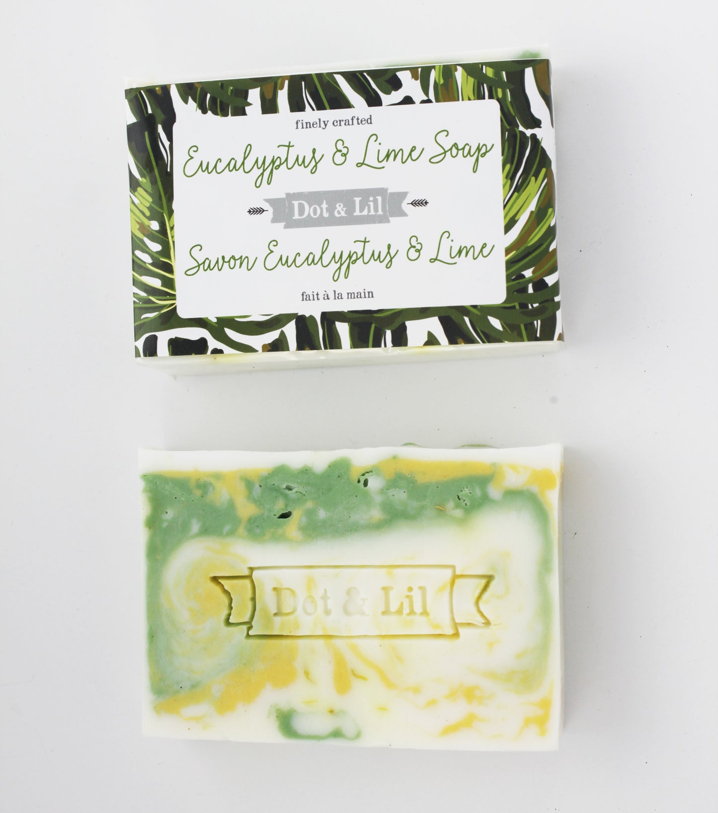 Dot and Lil handmade eucalyptus and lime bar soap with green and yellow swirl