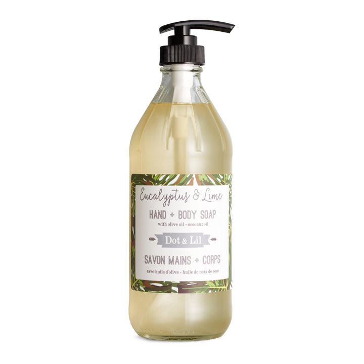 Dot and Lil Eucalyptus and Lime liquid body soap glass bottle