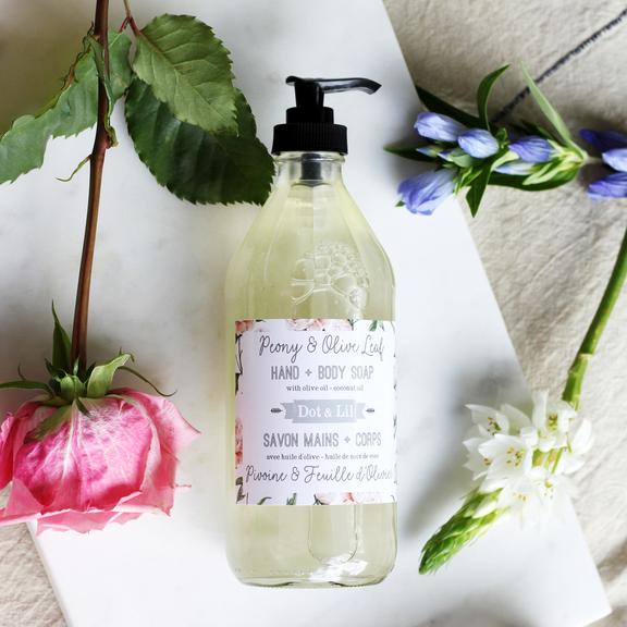 Dot and Lil Peony and Olive Leaf liquid body soap 473ml glass bottle