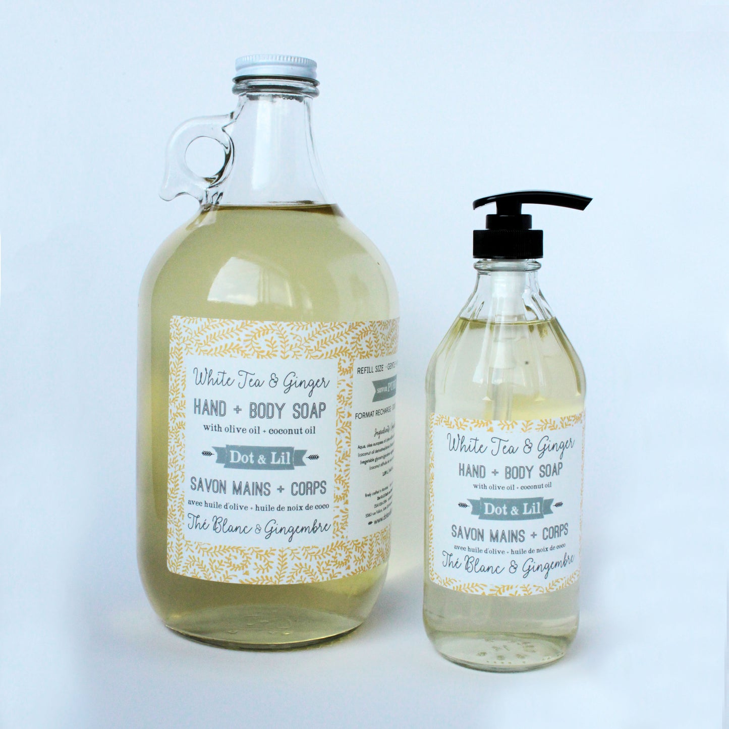 Dot and Lil White Tea and Ginger liquid body soap glass bottle