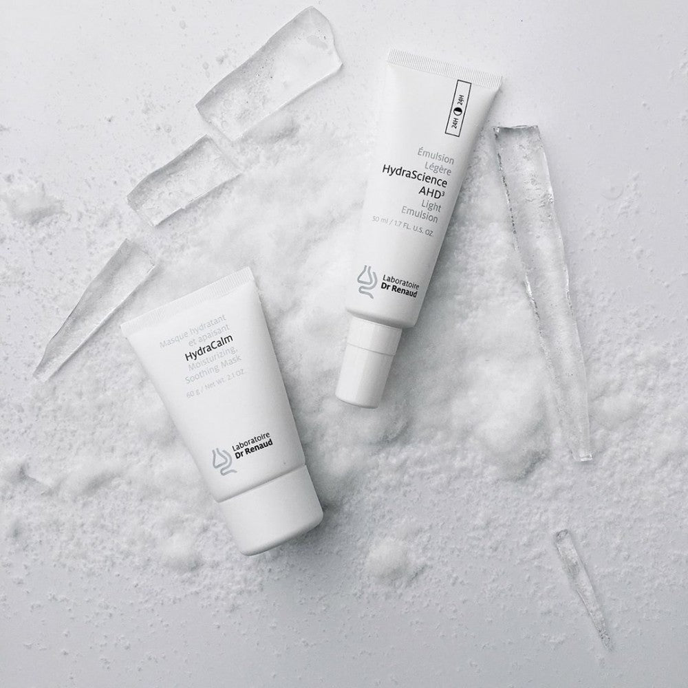 Laboratoire Dr Renaud HydraCalm Mask and Hydrascience AHD Light Emulsion on icy background lifestyle image