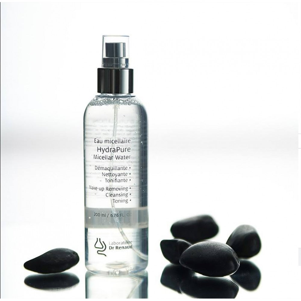 Laboratoire Dr Renaud HydraPure 3-in-1 Micellar Water 200ml bottle with black stones on white background