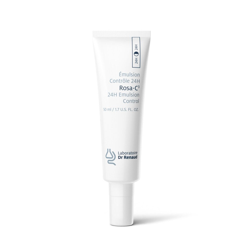 Rosa-C³ 24H Emulsion Control by Laboratoire Dr Renaud in a white tube with pump packaging.